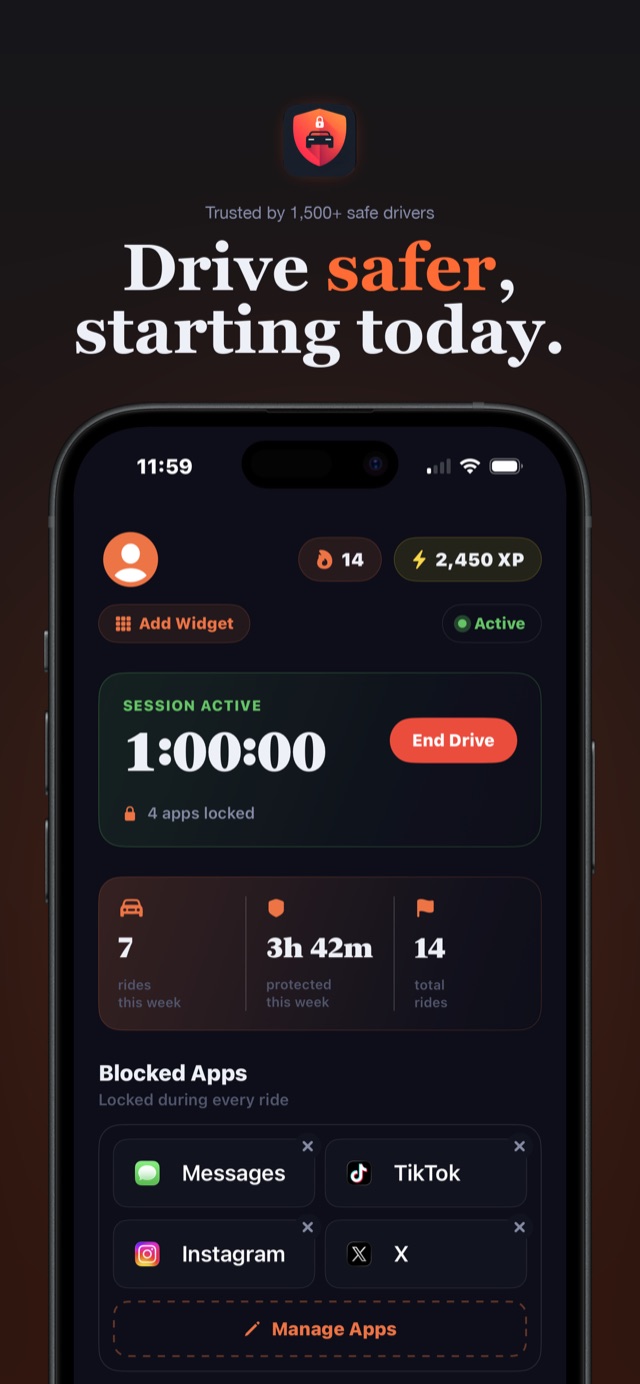 DriveBlock home screen showing an active drive session with blocked apps: Messages, TikTok, Instagram, and X