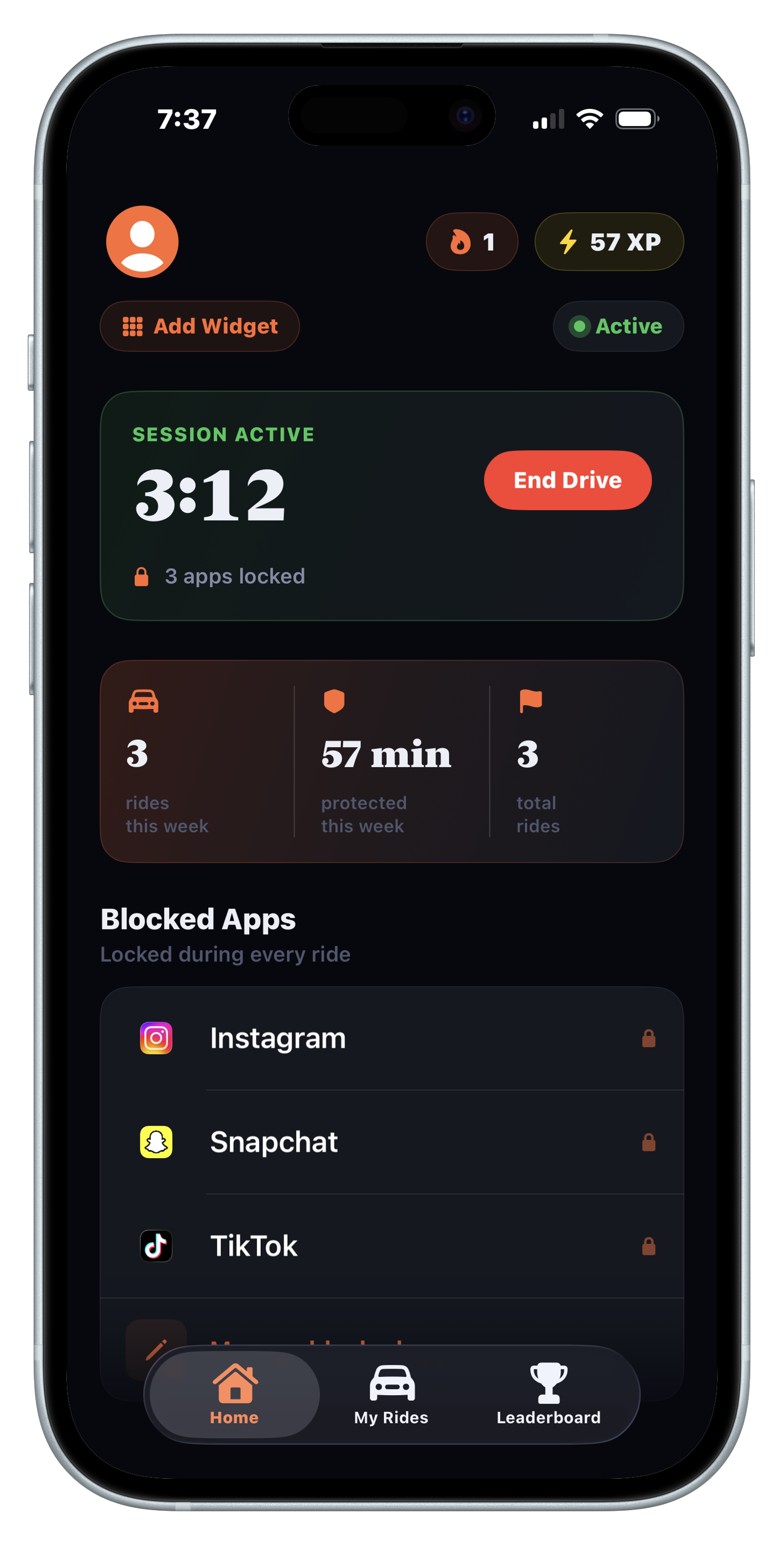 DriveBlock app home screen showing an active drive session with blocked apps