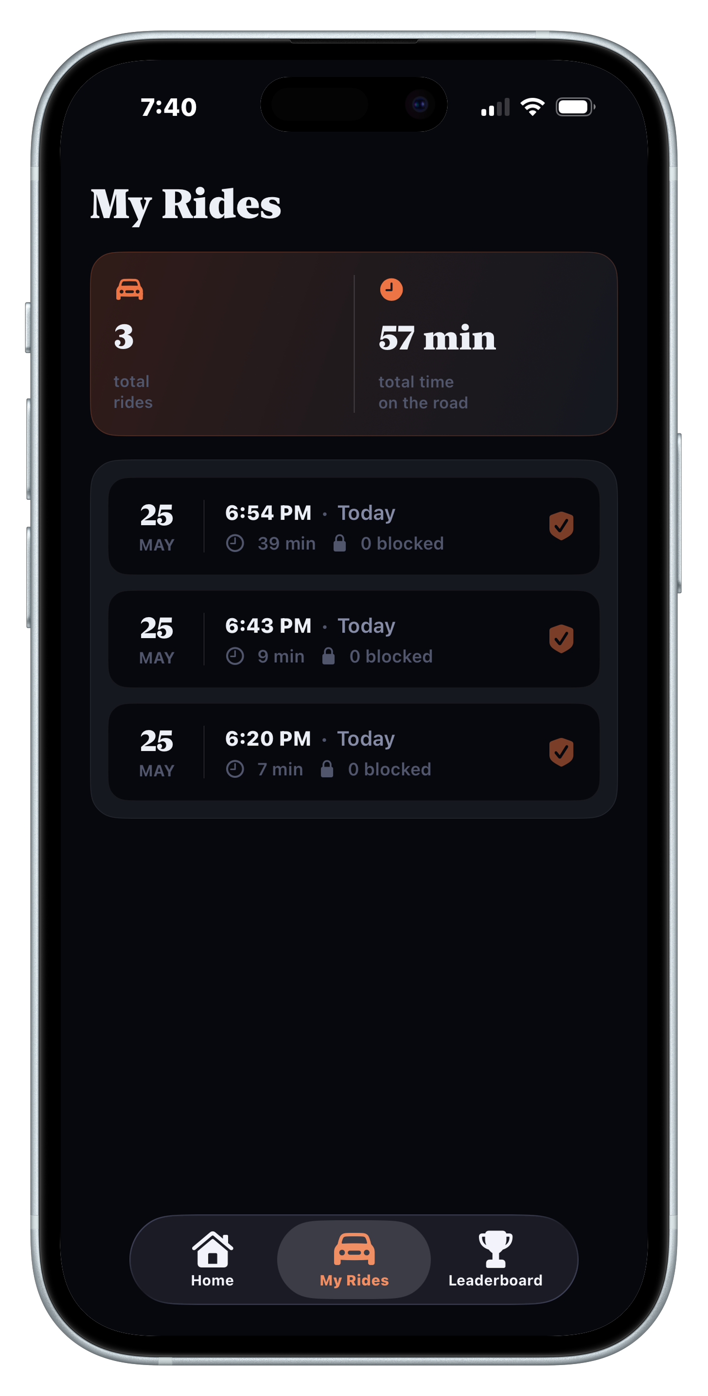 DriveBlock My Rides screen showing ride history and stats